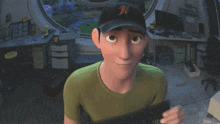 a pixelated image of a cartoon character with a green shirt