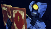 a blue robot is holding a red book with a cross on the cover