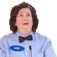 a woman wearing a blue shirt with a name tag that says lisa