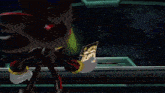 shadow the hedgehog is standing in a room with a lot of lights behind him