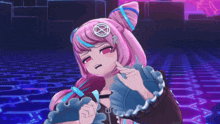 a girl with pink and blue hair has a x on her hair