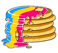 a stack of pancakes with pink yellow and blue syrup on top