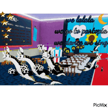 a picture of a classroom with the words we lalala we go to partipia we dance we sing