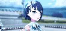 a girl with blue hair and a flower in her hair is standing in front of a bridge in a video game .