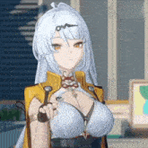 a girl with white hair and a yellow jacket has a large breast