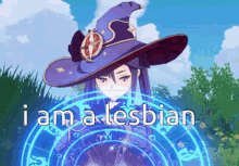 a pixel art of a witch with the words i am a lesbian