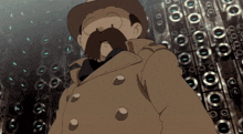 a man with a mustache wearing a hat and coat