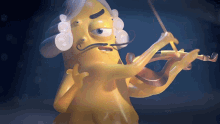 a yellow cartoon character is playing a violin with a mustache