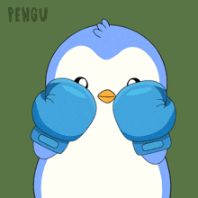 a cartoon of a penguin wearing blue boxing gloves with the word pengu on the bottom