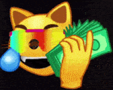 a cartoon cat wearing sunglasses holds a bunch of money