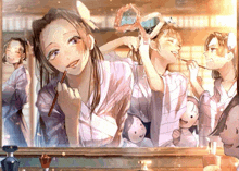 a group of girls are looking at themselves in a mirror