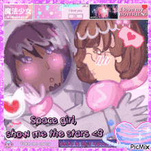 a drawing of a girl in a space suit with the words space girl show me the stars