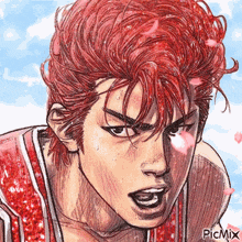 a close up of a drawing of a basketball player with red hair and flowers in his hair .