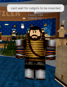 a man with a beard in a video game says cant wait for catgirls to be invented group lead stomatican