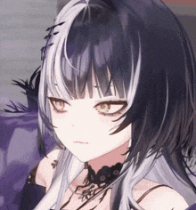 a close up of a girl 's face with a purple background