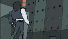 a cartoon of a man climbing up a wall