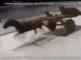 a horse drawn carriage with a caption that says " i never questioned the call of the father to his next of kin