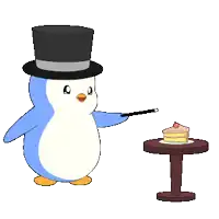 a penguin in a top hat is holding a wand and pointing at a turkey on a table