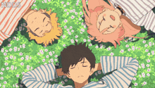 three anime characters are laying in the grass with the word nodds on the bottom right