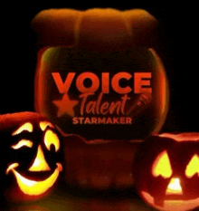 three carved pumpkins are lit up in front of a pumpkin that says voice talent starmaker