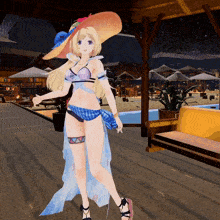 a cartoon girl in a bikini and straw hat stands on a beach