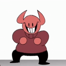 a cartoon character wearing a red sweater and black pants is dancing and smiling .