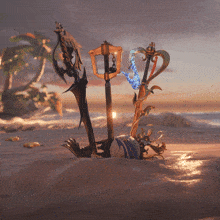 a sword and a key are laying in the sand on the beach