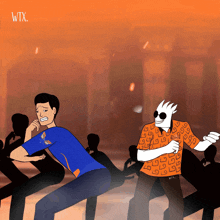 a cartoon of a man in a blue shirt and a man in an orange shirt with the letters wtx on the bottom