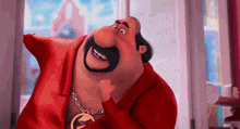 a cartoon character is wearing a red shirt and a gold chain with the letter v on it