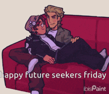 a cartoon of two men laying on a red couch with the words happy future seekers friday
