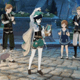 a group of anime characters are standing on a cobblestone road