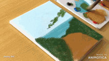a painting of a beach is being painted by a person named joony art