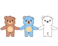 three teddy bears are standing next to each other on a white background