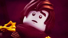 a close up of a lego character 's face with a sad look on his face