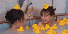 two women in a bathtub with rubber ducks on their head