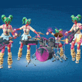 a girl with green hair is playing a guitar and a drum set
