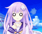 a girl with purple hair and a white cross on her hair