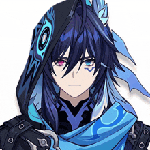 a drawing of a person with blue hair and a hood