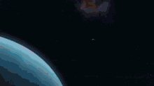 a purple jet is flying over a blue planet in space