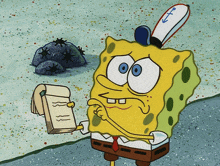 a cartoon of spongebob reading a notepad