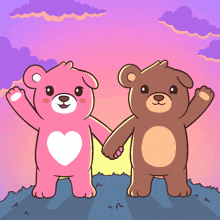 a pink teddy bear and a brown teddy bear hold hands