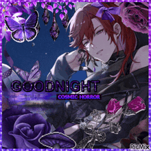 a picture of a man surrounded by purple flowers and butterflies with the caption goodnight cosmic horror