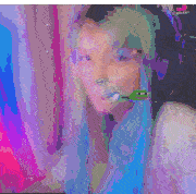 a girl with long blue hair is wearing headphones and a microphone with a pepe face on it .