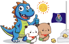 a cartoon of a dinosaur giving a thumbs up next to two bears and a flag with the letter f on it