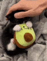 a black and white kitten is playing with a stuffed avocado toy .