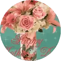 a bouquet of pink flowers in a vase with the words happy father 's day on the bottom