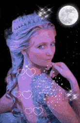 a woman wearing a tiara and a purple dress is surrounded by hearts