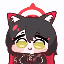 a cartoon character with cat ears and yellow eyes is wearing a red and black outfit .