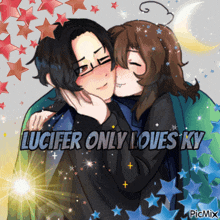 a picture of a man kissing a woman with the words lucifer only loves ky on the bottom