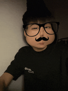 a man wearing glasses and a mustache is wearing a black t-shirt that says aoi ga